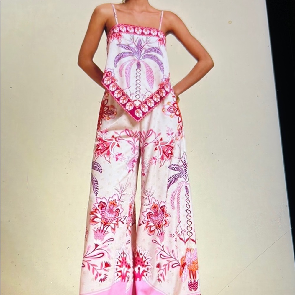 045. Pink and White Tropical Print Pantsuit